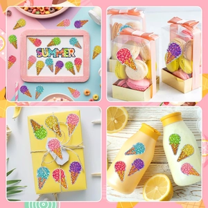 Holographic ice cream stickers showing creative DIY use on gift boxes and summer accessories