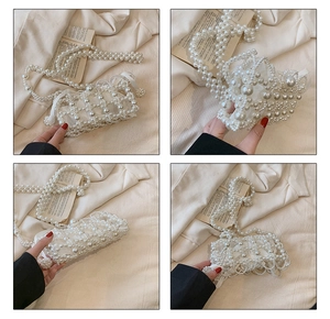 Detailed views of handmade pearl woven crossbody bag with elegant glossy beads texture