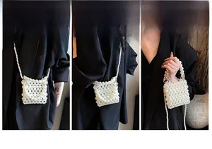 Three-way view of white pearl woven mini bag worn as a shoulder and crossbody accessory