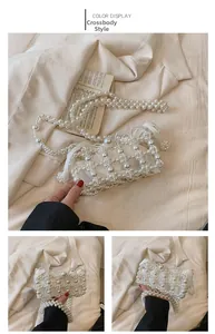 Close-up of pearl woven handbag with satin lining and crossbody bead strap detail
