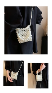 Detailed views of white handmade pearl handbag with shoulder strap for summer fashion