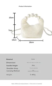 Detailed size specifications for pearl hand-woven evening bag with dimensions and strap info