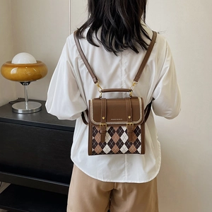 Retro argyle pattern mini backpack for women featuring brown contrast quilted faux leather