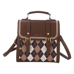 Brown vintage argyle pattern crossbody bag with golden hardware and top handle