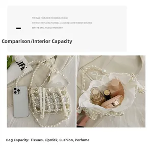 Macro shot of a pearl-woven bucket bag showing spacious interior with a drawstring liner