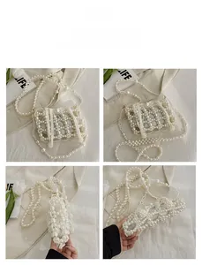 Detail view of handmade pearl bucket bag with woven lattice pattern and satin liner
