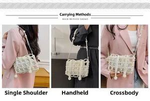 Three-way display of beaded pearl bucket bag showing shoulder, hand-carry, and crossbody styles