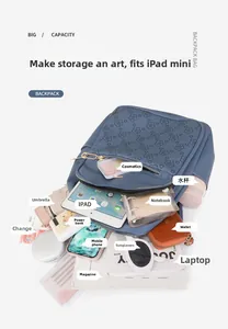 Spacious blue backpack with floral pattern showing storage for iPad and daily essentials