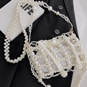 Handmade Artificial Pearl Beaded Shoulder Bag For Women French Vintage Hollow Out Woven Bucket Bag With Satin Liner Elegant Evening Bag