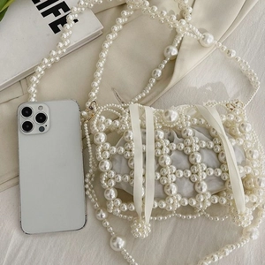 French vintage handmade pearl woven bucket bag with satin bow and drawstring pouch