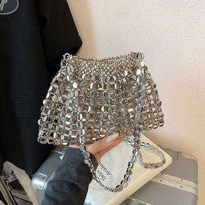 Handcrafted silver metallic sequin woven crossbody bag with stylish chainmail texture