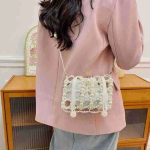 French vintage beaded bucket bag with pearls and ribbon for women's summer fashion