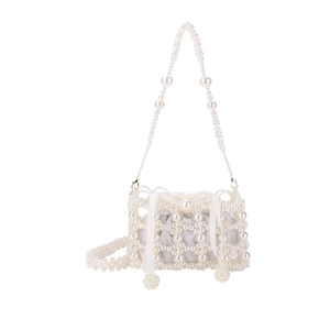 French vintage beaded bucket bag with white faux pearls and satin drawstring lining