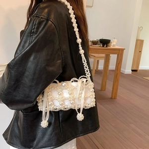 Fairy Style Artificial Pearl Beaded Bag For Women Elegant Handwoven Mini Crossbody Phone Bag With White Satin Ribbon Bow Decor Party Handbag