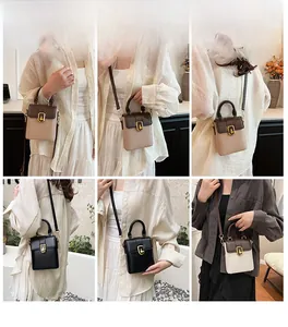 Vues détaillées du sac bandoulière vintage avec poignée, fermoir carré et styles de port