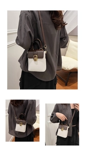 Détail du fermoir rotatif doré et de la texture du cuir bicolore sur un petit sac