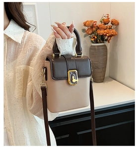 Gros plan d'un sac bandoulière bicolore beige et marron avec fermoir en métal doré chic