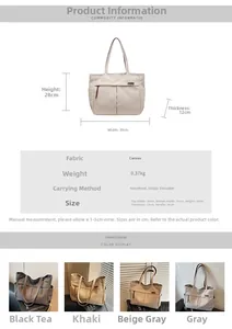 Detailed size specifications for canvas tote bag with dimensions and 4 color options
