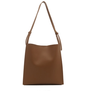 Minimalist brown tote bag in matte synthetic leather with adjustable shoulder strap