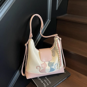 Women Fashion Patchwork PU Leather Shoulder Bag Large Capacity Cat Embroidery Tote Bag Sweet Underarm Bag With Pendant