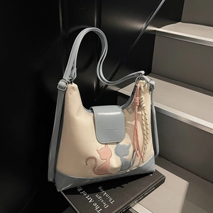 Large capacity off-white and blue PU leather tote bag with cute cat outline design