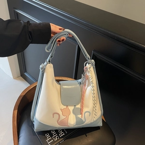 Blue and beige PU leather tote bag with cute cat embroidery and striped pendant charms
