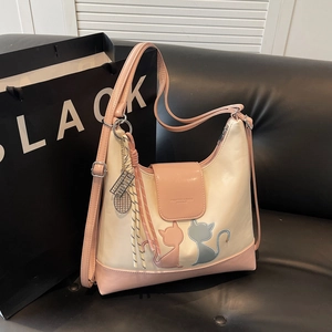 Large capacity beige and pink shoulder bag with cute cat embroidery and adjustable straps