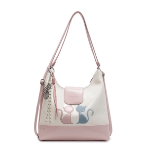 Large capacity dual-use shoulder bag with pink cat patch and tennis racket charm