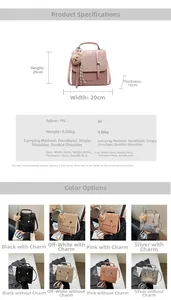 Detailed view showing a textured PU leather backpack with dimensions and color options