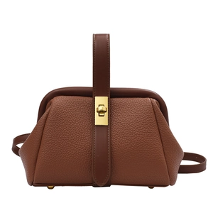 Brown litchi pattern leather handbag with vintage gold metal lock and top handle