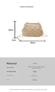 Detailed size chart for beige woven clutch bag showing 30x20x2cm dimensions and chain