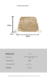 Detailed size chart for beige woven crossbody bag with strap measurements and fabric info