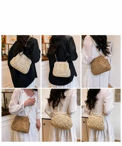 Detailed views of woven straw crossbody bags in beige and brown with gold chain straps