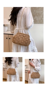 Detail of hand-woven straw crossbody bag with vintage metal clasp and gold chain strap