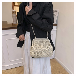 Detailed view of cream woven chain bag with clasp closure and elegant retro mesh texture