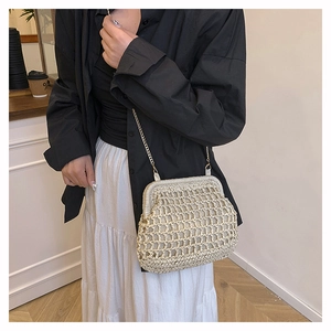 Macro detail of beige woven crossbody bag with vintage metal clasp and gold chain strap