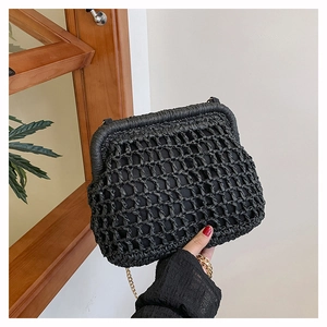 Close-up of black woven mesh handbag with gold chain strap and textured fabric lining