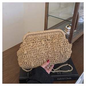 Macro shot of hand-woven straw crossbody bag with vintage gold metal chain and frame