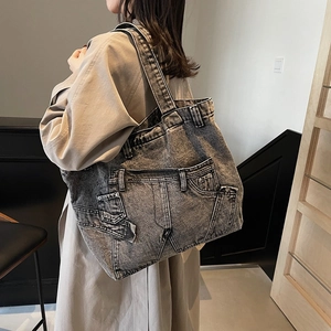 Retro washed grey denim tote bag with creative jeans waist design and wide shoulder strap