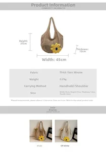 Detailed size chart for woven hollow tote bag with yellow crochet flowers dimensions