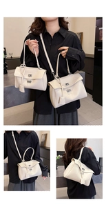 Detailed comparison showing large and small beige tote bags in various carrying styles