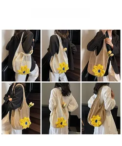 Detail shots of beige crochet tote bag with sunflower decor on a female model