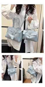 Size comparison and lifestyle shots of light blue crossbody tote bags with metal locks