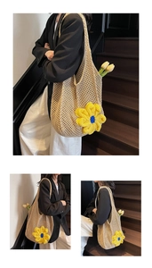 Macro detail of beige crochet tote bag featuring a large yellow sunflower and hollow mesh weave