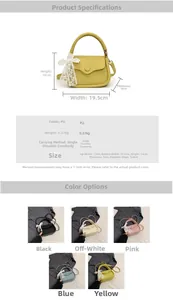 Detailed size chart and multi-color options for the lace bow-knot PU leather crossbody bag