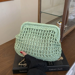 Mint green woven crossbody bag with vintage frame clasp and gold chain strap