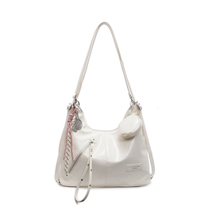 Minimalist white leather tote bag with round coin purse and woven rope detail