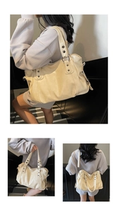 Detailed views of creamy white PU leather tote bag with vintage metal rivets and rings