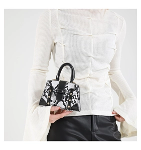 Chic black and white snakeskin print mini handbag with gold rivets held by a model
