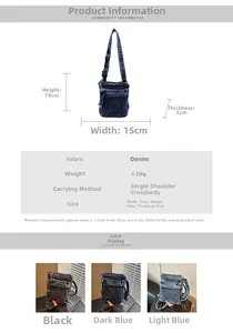 Tabella taglie borsa in denim con dimensioni 15x19x5cm mostrate in tre diverse varianti